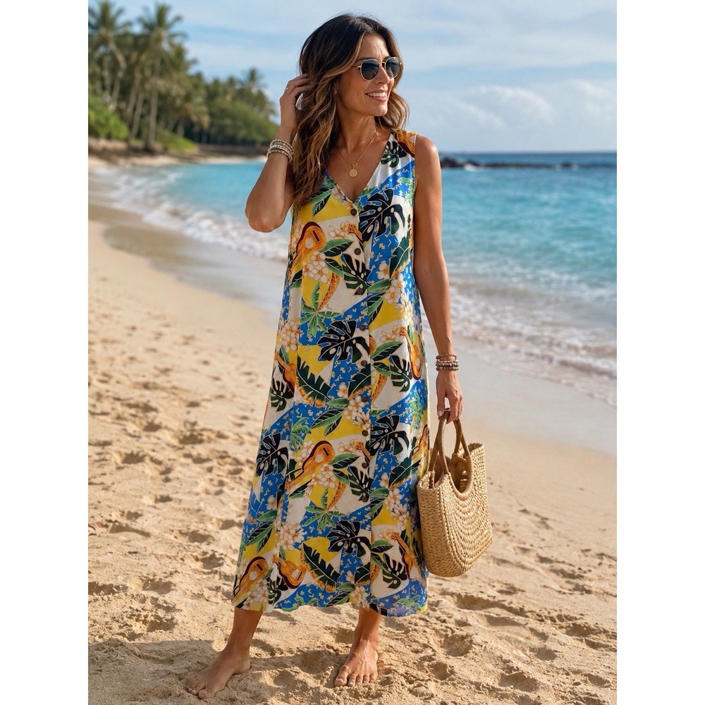 VTG Hawaiian Reserve Maxi Dress L/XL 10 Tropical Sleeveless Beach Boho Ukulele